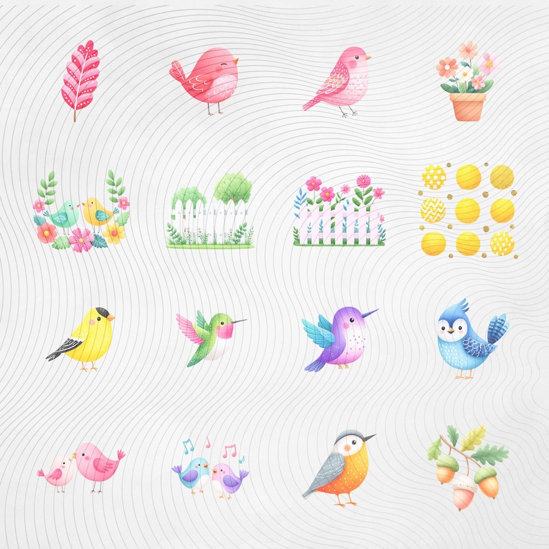 May include: A collection of watercolor illustrations featuring various birds, flowers, and decorative elements. The birds are depicted in vibrant colors, including pink, yellow, blue, and purple. Other elements include a feather, a flower pot, and acorns.