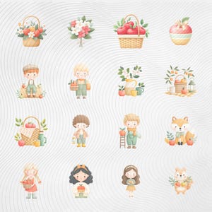 Puede incluir: Una colecci&oacute;n de ilustraciones en acuarela con cestas de flores y manzanas, ramos y personajes encantadores. Las ilustraciones incluyen un ni&ntilde;o con una escalera, un zorro y una ardilla, todos con un tema oto&ntilde;al.