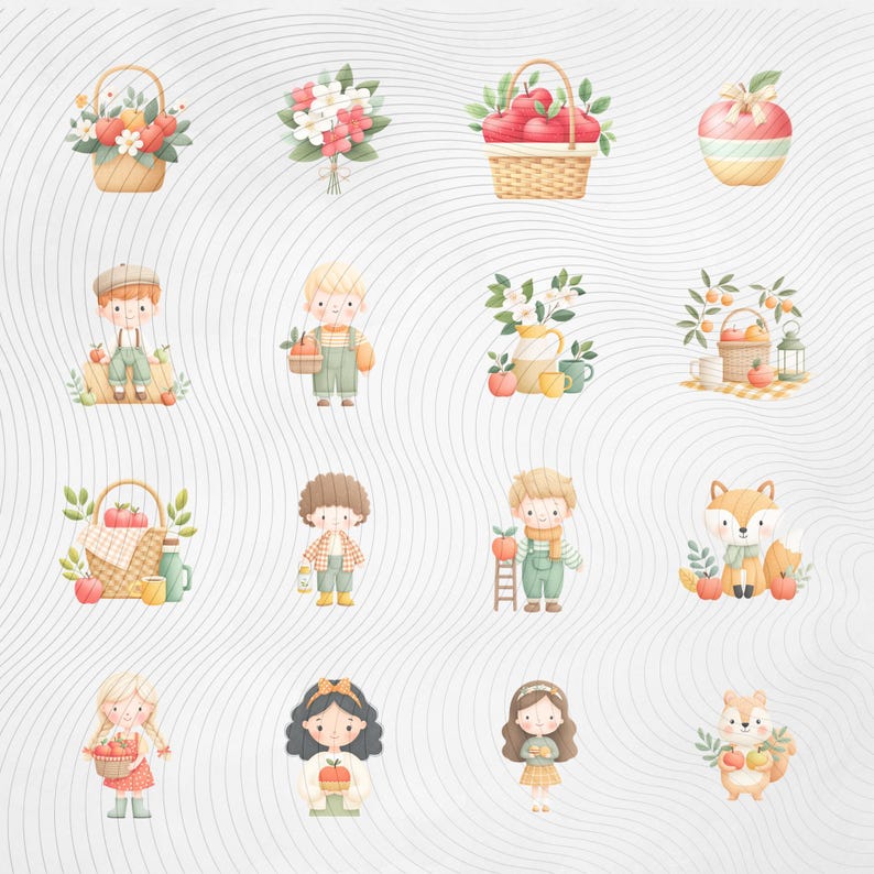 Puede incluir: Una colecci&oacute;n de ilustraciones en acuarela con cestas de flores y manzanas, ramos y personajes encantadores. Las ilustraciones incluyen un ni&ntilde;o con una escalera, un zorro y una ardilla, todos con un tema oto&ntilde;al.