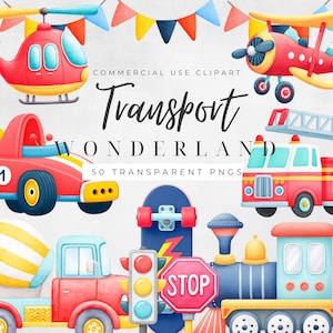 Clipart di trasporto PNG, grafica di veicoli per uso commerciale, 50 illustrazioni di trasporto, download digitale di auto e camion