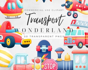 Transport Clipart PNG, Vehicle Graphics Commercial Use, 50 Transportation Illustrations, Car Truck Digital Download