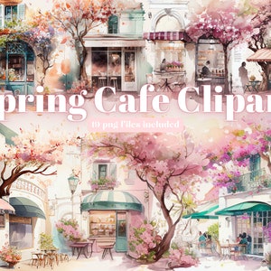 Spring Coffee shop clipart, Cafe Clipart, Png, Digital Watercolor, Gratis commercieel gebruik, Scrapbooking, Romantisch Frans café illustratie