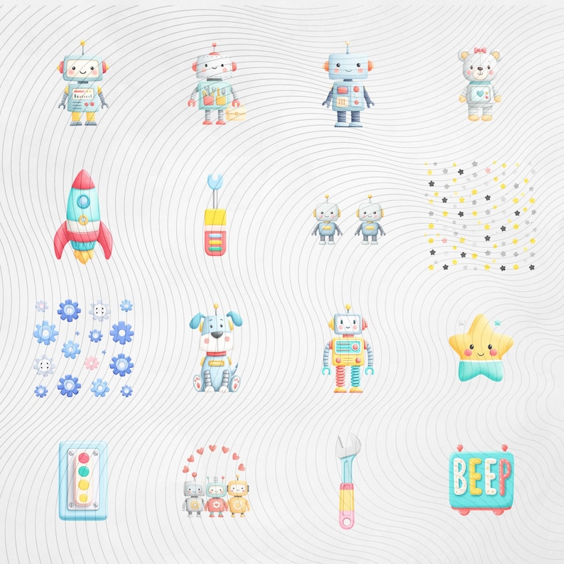 Zestaw clipartów robotów PNG, urocze grafiki robotów, cliparty STEM dla dzieci, zestaw clipartów technologicznych, robot z kreskówek do użytku komercyjnego zdjęcie 4