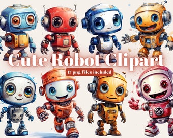 Cute Robots Watercolor Clipart, Robot Png, Boy Clipart, Sublimation Graphics, Instant Download, Commercial Use, Kids Clipart