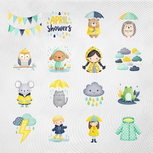 Pacchetto di clipart per giornate di pioggia, simpatici animali meteorologici PNG, clipart per bambini con pioggia, download digitale per uso commerciale immagine 2