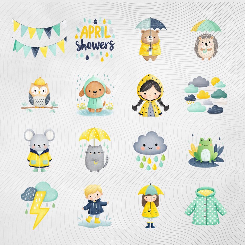 Pacchetto di clipart per giornate di pioggia, simpatici animali meteorologici PNG, clipart per bambini con pioggia, download digitale per uso commerciale immagine 2