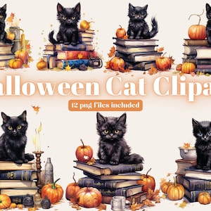 Cute Witchy Kitten Clipart, Watercolor Halloween Cat PNG, Spooky Collage Images, Junk Journal, Digital Planner, Commercial License