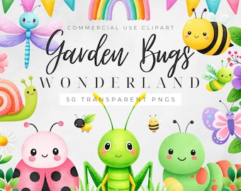 Garden Bugs Clipart PNG, Insect Graphics Commercial Use, 50 Cute Bug Illustrations, Digital Download