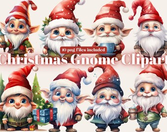 PNG Aquarelle Noël Santa Gnome Clipart, Christmas Clip art Bundle, Winter Garden Gnomes png graphique, Xmas Noel Sublimation Bundle