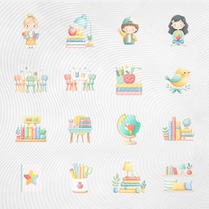 May include: Watercolor illustrations of school-themed objects, including books, pencils, apples, a globe, and children. The images are in soft pastel colors, creating a whimsical and educational theme.