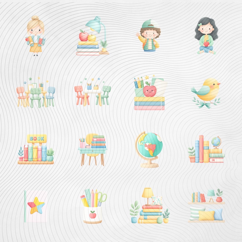 May include: Watercolor illustrations of school-themed objects, including books, pencils, apples, a globe, and children. The images are in soft pastel colors, creating a whimsical and educational theme.