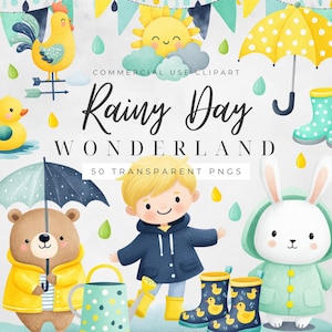 Pacchetto di clipart per giornate di pioggia, simpatici animali meteorologici PNG, clipart per bambini con pioggia, download digitale per uso commerciale immagine 1