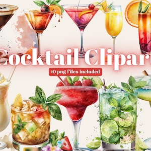 Clipart de cocktails à l'aquarelle. Clipart de boissons alcoolisées, menu de bar, fête d'été, peint à la main, autocollants imprimables PNG - téléchargement numérique