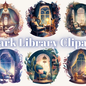 Watercolour Bookworm cozy reading corner clipart bundle, bookshelf, bookcase, aesthetic, png, clipart bundle, library, interiour