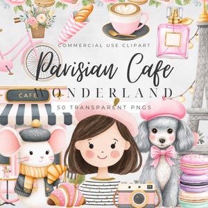 Parijse café clipartbundel, schattige Franse koffie png, commercieel gebruik Parijs graphics, kawaii bakkerij illustratie set