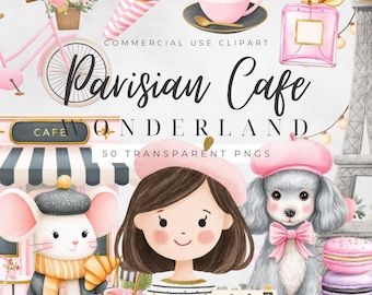 Parisian Cafe Clipart Bundle, Cute French Coffee PNG, Commercial Use Paris Graphics, Kawaii Bakery Illustration Set