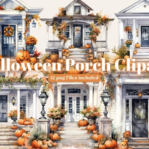 Halloween Porch Clipart Bundle, Watercolor Haunted Mansion PNG, Spooky Collage Images, Digital Planner, Paper Craft, Pumpkin Clipart