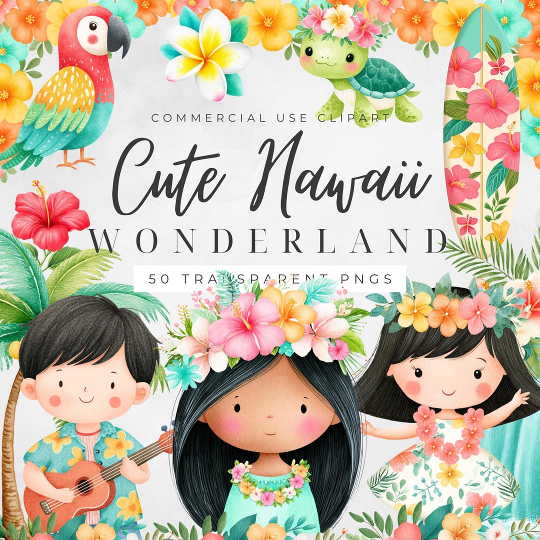 Cute Hawaii Clipart Bundle, Tropical Aloha PNG, Hawaiian Kids, Hibiscus ...