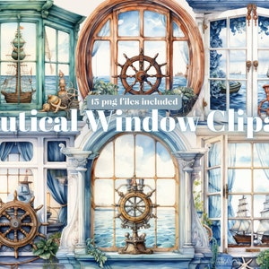 Imágenes prediseñadas de ventana náutica de acuarela, 15 archivos JPEG y PNG de alta calidad, imágenes prediseñadas marinas, imágenes prediseñadas náuticas, ilustración de ventanas, imprimibles