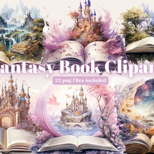 Watercolor Fantasy Books Clipart, Open Book Clip Art, Book Bundle PNG, vintage books stack, library clip art, old books, Magic Books