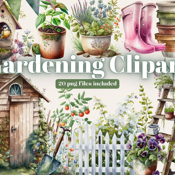 Aquarell Frühling Garten Clipart, Frühlingsblumen in Töpfen, Bauernhaus Frühling Clipart, Gartenstiefel, Gartenhandschuhe, Blumentöpfe, PNG