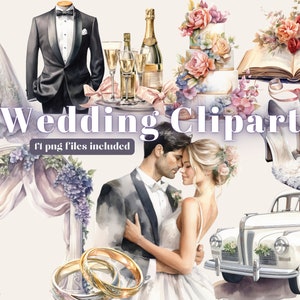 Aquarell Hochzeit Clipart, ClipArt Braut, süße Liebe, Hochzeitsbogen, Hochzeitselemente, Hochzeitstorte, Ringe, gerade verheiratetes Auto, printable, PNG