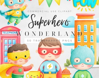 Superhero Clipart PNG, Commercial Use Kids Graphics, 50 Hero Illustrations, Digital Download, Scrapbook Art