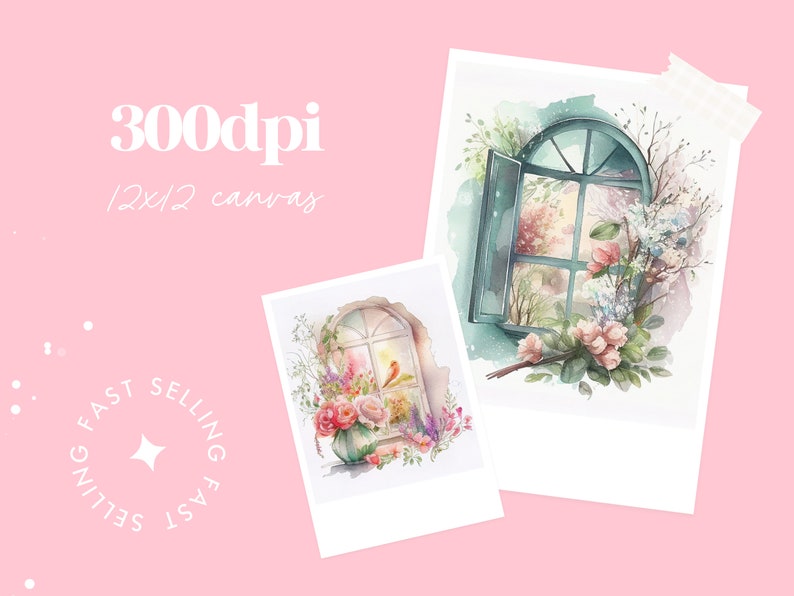 Cute Watercolor Spring Windows With Flowers Scenes Commercial - Etsy