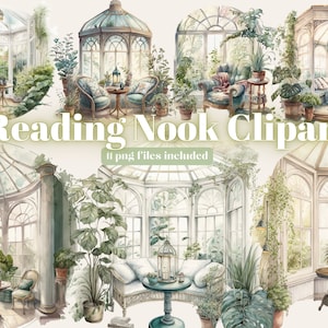 Bookworm Reading Watercolor Clipart, Library Interior Room, Favourite Place, Books Bundle PNG, Book Reading, Instant Download