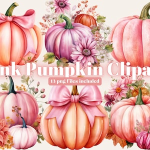 Autumn Pumpkin Watercolor Clipart, Fall Pink Pumpkin Clipart PNG, Fall Clipart, Paper craft - Junk Journal, Scrapbooking, Floral Pumpkin Png