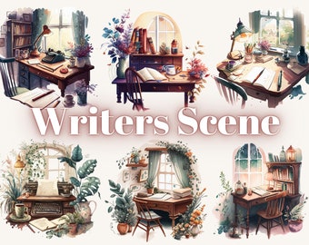Cute Watercolor Vintage Writers Scene, Commercial Use Clipart, Park Clipart, Scrapbooking, Window, Spring, Academia, Flower, Cottagecore