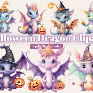 Cute Witchy Dragon Clipart, Watercolor Halloween Dragon PNG, Spooky Collage Images, Junk Journal, Digital Planner, Commercial License