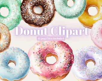 Watercolor Donuts Clipart, Sweet Bakery Food Clipart, Donut Birthday Party Clip Art, Summer Clipart for Baby Shower, Instant Download