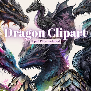 Black Dragon Clipart, PNG, Full Commercial Use, Fantasy Clipart, Watercolor Dragon Clipart, Watercolor Clipart with Instant Download