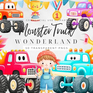 Pacchetto di clipart di monster truck, grafica di veicoli, immagini PNG di bambini che costruiscono (uso commerciale)