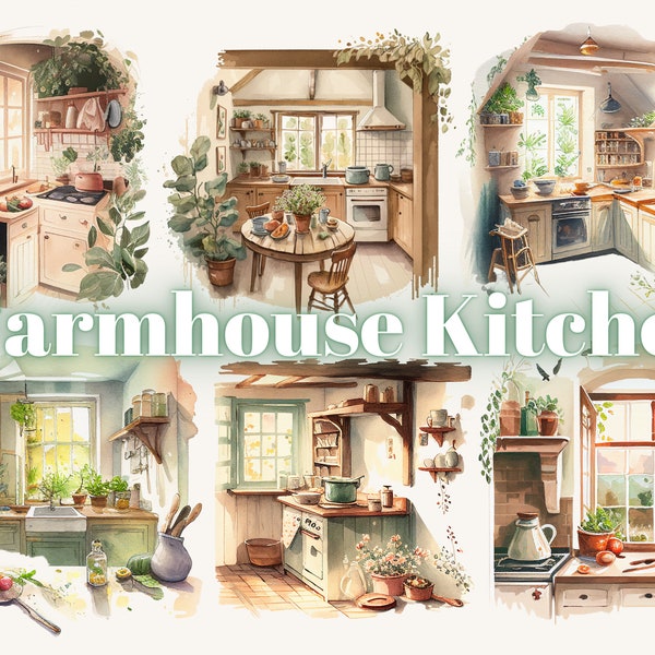 Watercolour Cottagecore Kitchen Clipart Bundle , Cottage living, farm life, countryside, chickens, rustic living, simple, cozy, 22 PNG's