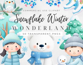 Clipart de invierno PNG, gráficos de copos de nieve para uso comercial, 50 ilustraciones nevadas, descarga digital navideña