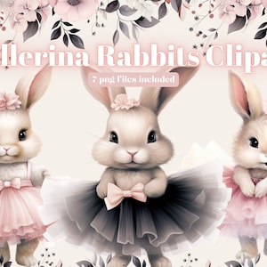 Watercolor Ballerina Bunny Clipart, Ballet Bunnies in Tutu Dress, Dancing Floral Baby Rabbit Png, Pastel Ribbon, Nursery Digital Clip Art