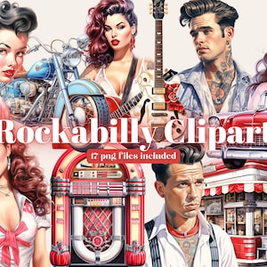 Rockabilly Retro Watercolor Clipart, Veteran cars Clipart PNG, Portrait Girl, Motor art Clipart, Paper craft Junk Journal, Scrapbooking image 1