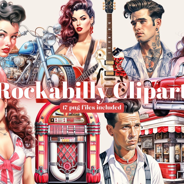 Rockabilly Retro Aquarell Clipart, Oldtimer Clipart PNG, Portrait Mädchen, Motor Kunst Clipart, Papier Handwerk - Junk Journal, Scrapbooking