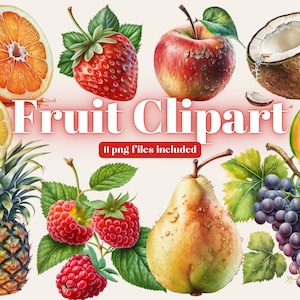 Acquerello Fruits Clipart - Produce Download - Download istantaneo - Arancia - Mela - Fragola - Mirtillo - Prugna - Fico - Banana