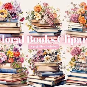 Watercolor Floral Books Clipart, Book Clip Art, Book Bundle PNG, vintage books stacklibrary clip art, old books, Book lover clipart