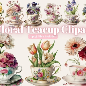 Acquerello Vintage Teacup Flowers Clipart - Tea Time PNG Download di immagini digitali per la creazione di carte, Scrapbook, Junk Journal, Paper Crafts