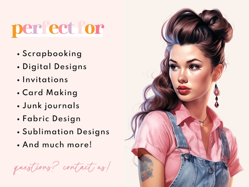 Rockabilly Retro Watercolor Clipart, Veteran cars Clipart PNG, Portrait Girl, Motor art Clipart, Paper craft Junk Journal, Scrapbooking image 3