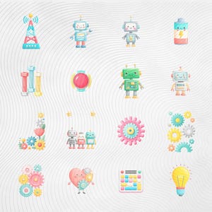 Zestaw clipartów robotów PNG, urocze grafiki robotów, cliparty STEM dla dzieci, zestaw clipartów technologicznych, robot z kreskówek do użytku komercyjnego zdjęcie 2