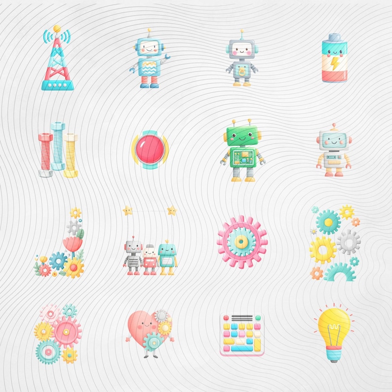 Zestaw clipartów robotów PNG, urocze grafiki robotów, cliparty STEM dla dzieci, zestaw clipartów technologicznych, robot z kreskówek do użytku komercyjnego zdjęcie 2