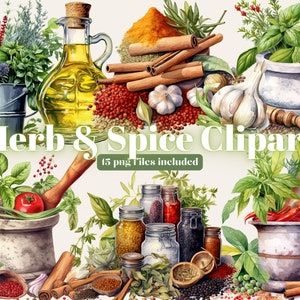 Watercolor herbs and spices clipart set, Food Clipart, Herb and Spice Sublimation, kitchen clipart, rustic cottagecore, printable graphics