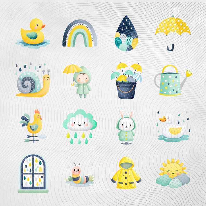 Pacchetto di clipart per giornate di pioggia, simpatici animali meteorologici PNG, clipart per bambini con pioggia, download digitale per uso commerciale immagine 4