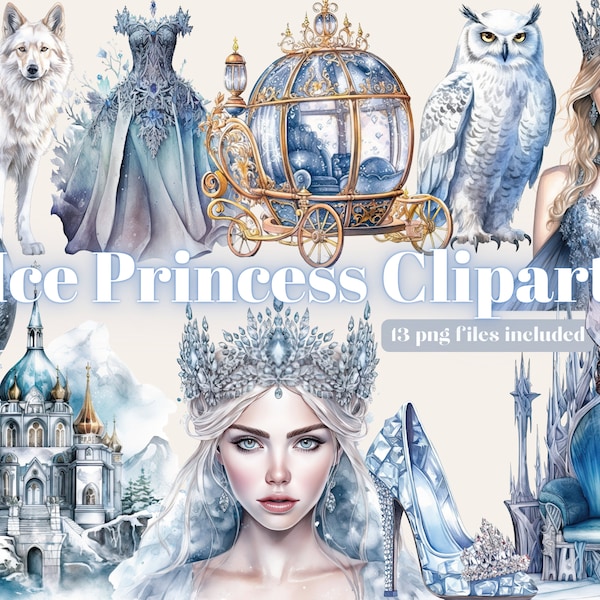 Watercolour Winter Princess Clipart - Ice Fantasy PNG Digital Image Downloads for Card Making, Scrapbook, Junk Journal, Crafts