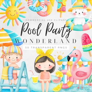 Op de afbeelding: Waterverfillustratie met de tekst "Pool Party Wonderland". De afbeelding toont een lachende zon, een kat in een zwemband, een flamingo en kinderen met zwembadaccessoires. Bevat 50 transparante PNG's.